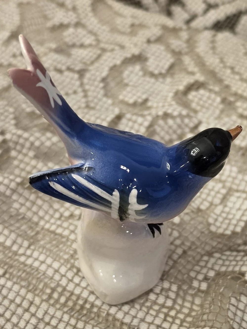 Vintage Japan Porcelain Bluebird Figurine Small Ceramic Bird Tree Stump